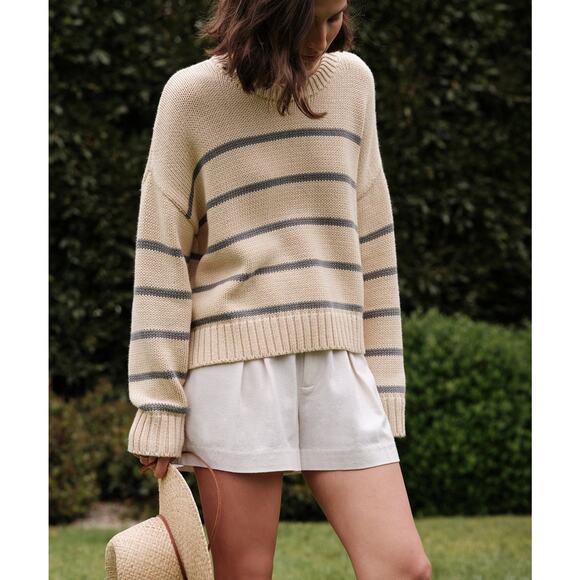 Jenni Kayne Sweaters - Jenni Kayne Chloe Crewneck Sweater-Peruvian Cotton XS - Cream/Dusty Blue Stripe